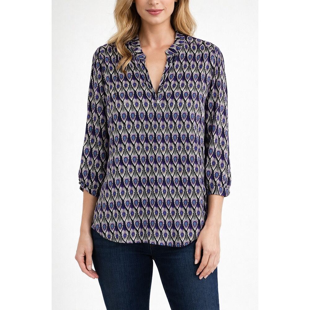 Amanda Uprichard Women's Silk Popover‎ Blouse Top 3/4 Sleeves Peacock Feathers M